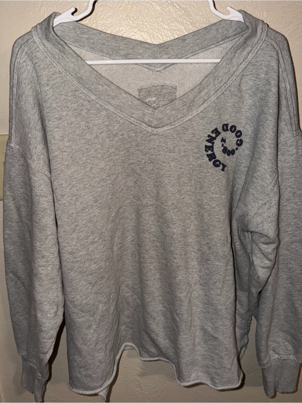 aerie Gray V-Neck Sweatshirt with 'Good Energy' Graphic